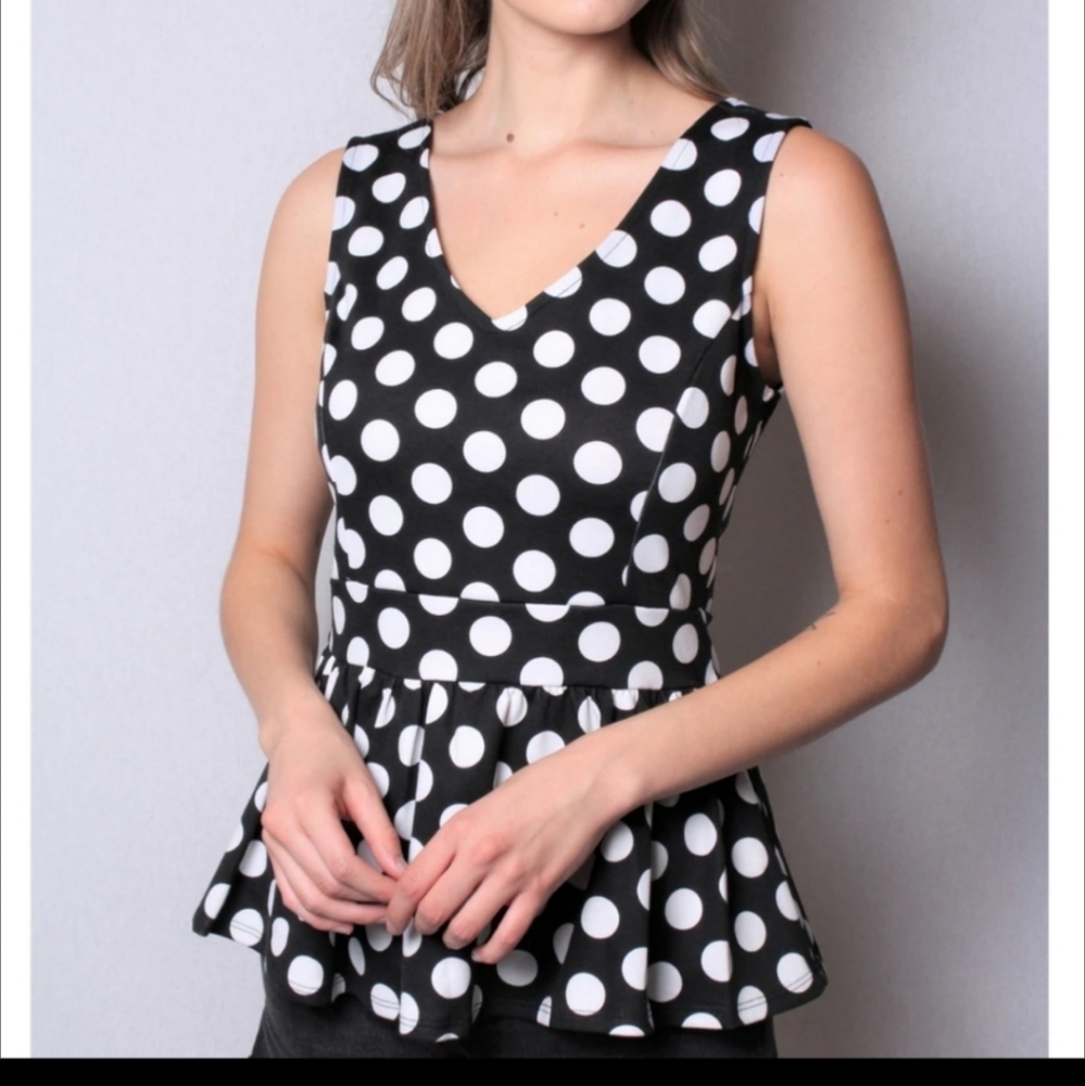 Sleeveless Polka Dot Peplum Top Ss15 Lg